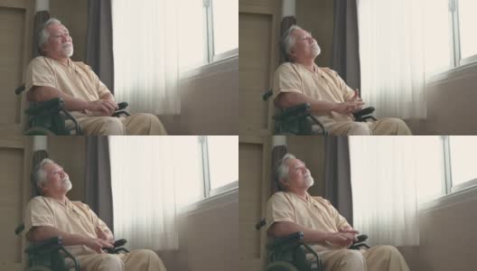 在医院病房里坐在轮椅上的快乐老人高清在线视频素材下载