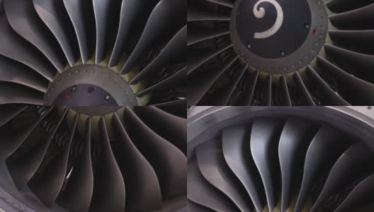 现代涡扇发动机。飞机的涡轮喷气发动机在黑色背景上的特写。飞机的涡扇发动机的叶片高清在线视频素材下载