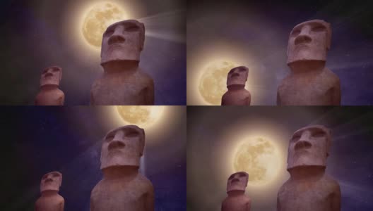 复活节岛的雕像在黑暗的夜晚，明亮的满月升起，星星在背景中移动高清在线视频素材下载