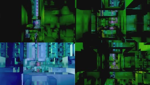 冷色:蓝色、绿色和紫色。几何和技术。镜面反射表面。让人想起一个现代化的城区。3 d分形。高清在线视频素材下载