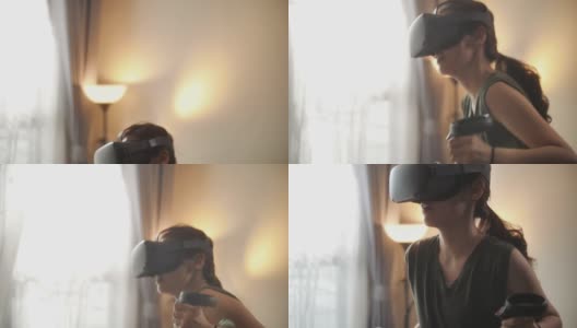 女子拳击在VR头盔训练在家里高清在线视频素材下载