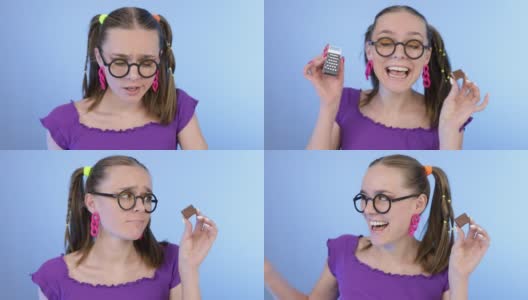 一个戴眼镜的可爱女孩用小刨丝器摩擦一块巧克力高清在线视频素材下载