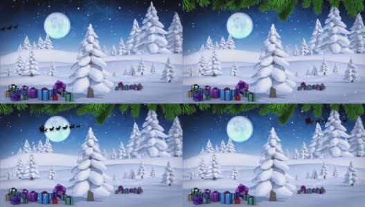 绿色的树枝在雪花飘落的圣诞礼物在冬天的风景对夜空高清在线视频素材下载