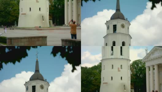 维尔纽斯钟楼，圣斯坦尼斯拉夫大教堂，倾斜，远距离拍摄高清在线视频素材下载
