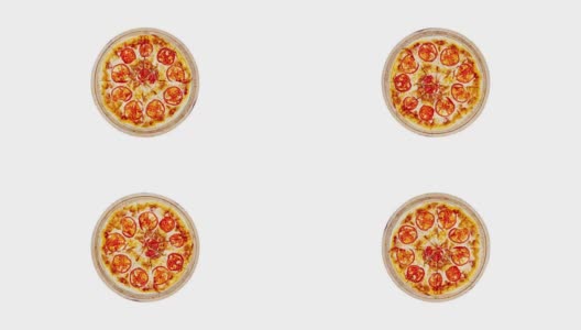 旋转的玛格丽塔披萨在木架上，西红柿片孤立在白色的背景。俯视图高清在线视频素材下载