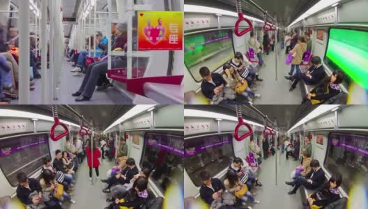 中国广州地铁车厢乘坐乘客观看4k时间推移高清在线视频素材下载