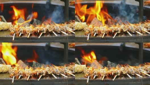 虎虾放在烤架上烤高清在线视频素材下载