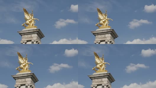 著名的亚历山大三世桥石柱与金色雕像缓慢倾斜高清在线视频素材下载