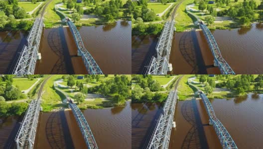 高加河铁路桥梁拉脱维亚无人机俯视图4K超高清视频高清在线视频素材下载
