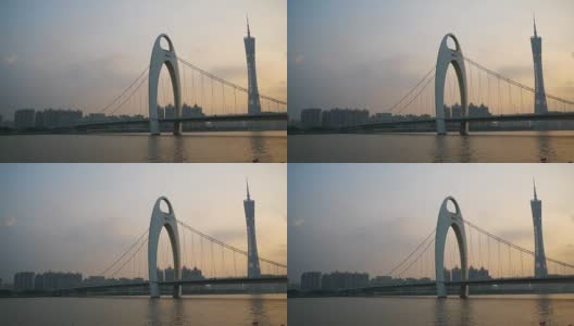 日落时分广州市名桥广州塔滨江慢镜头全景4k高清在线视频素材下载