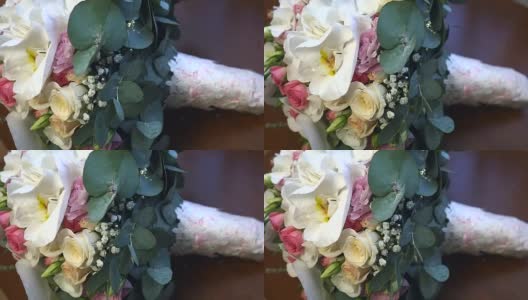 桌上摆着漂亮的婚礼花束高清在线视频素材下载