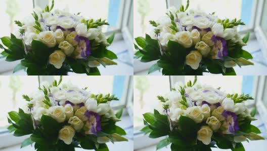 室内靠窗的窗台上放着白色的花束玫瑰高清在线视频素材下载