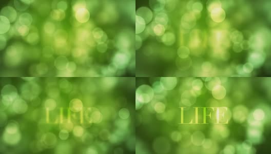 出现“生活”文本，一段时间后与移动的绿色闪烁灯溶解，散焦光反射在可循环的绿色散焦背景。健康生活，春天，森林，如意概念视频高清在线视频素材下载