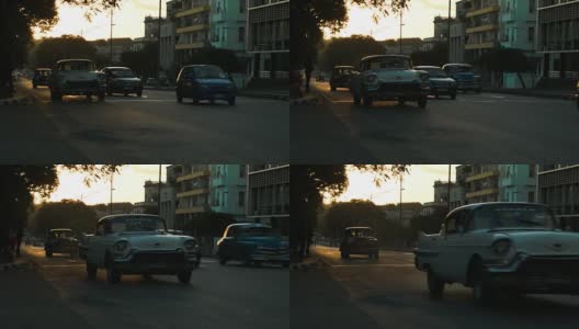 哈瓦那夕阳下的出租车高清在线视频素材下载