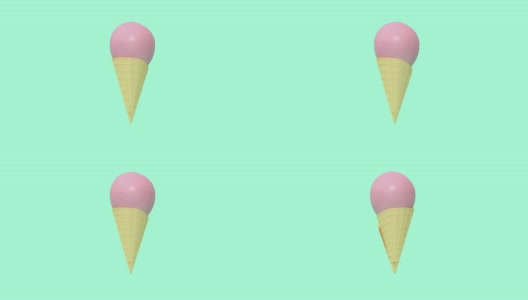 抽象的粉色冰淇淋蛋筒悬浮旋转绿色黑底三维渲染运动高清在线视频素材下载
