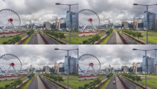 4K超高清时光流逝:香港中区的摩天轮和都市现代景观背景。高清在线视频素材下载