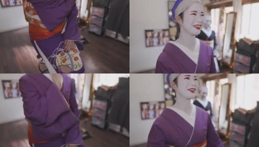 日本女性在试衣间里化着特殊的白色妆容高清在线视频素材下载