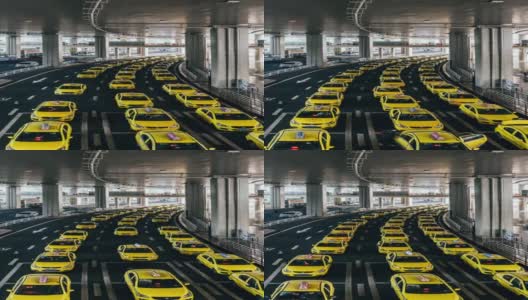 机场出口处繁忙的黄色出租车排队高清在线视频素材下载