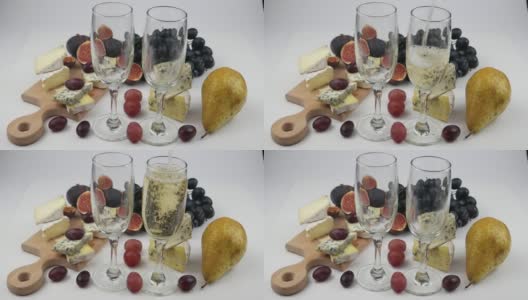 白葡萄酒，水果和蓝奶酪高清在线视频素材下载