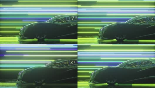 未来的概念。跑车在发光的霓虹灯线的背景。蓝色绿色。三维动画无缝循环高清在线视频素材下载