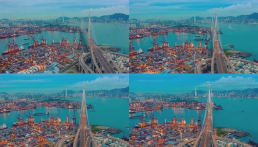 黄昏时分的香港葵青货柜码头及昂船洲大桥鸟瞰图超减或延时高清在线视频素材下载