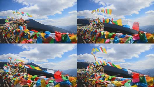 中国云南高山上的西藏神圣经幡高清在线视频素材下载