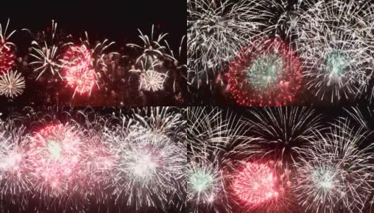 五颜六色的烟花在夜空中爆炸。色彩鲜艳的庆典和活动。高清在线视频素材下载