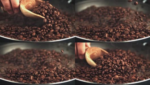 超级慢动作木勺取咖啡豆。用高速摄像机以每秒1000帧的速度拍摄。高清在线视频素材下载