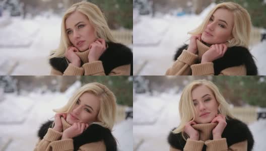 一个美丽的女孩在白雪覆盖的公园的肖像高清在线视频素材下载
