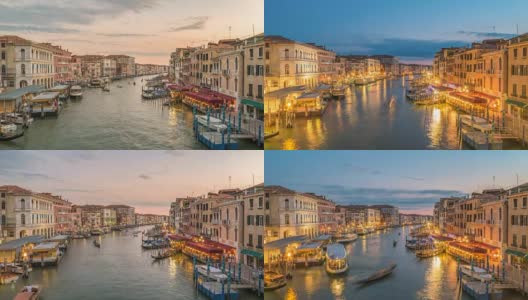 威尼斯城市天际线从里亚托桥到威尼斯大运河的日落时光流逝，意大利威尼斯高清在线视频素材下载
