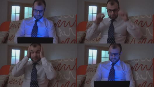 穿着白衬衫，系着蓝领带的严肃男士晚上在家用笔记本电脑工作。在笔记本上工作，晚上坐在沙发上。高清在线视频素材下载