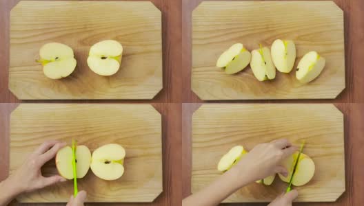 女人在木板上切苹果。烹饪食物。俯视图高清在线视频素材下载