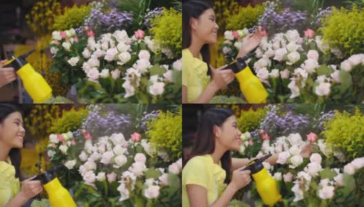 花商向花喷洒水高清在线视频素材下载