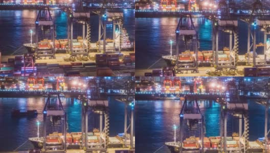 延时:航拍香港青衣港货轮夜间装卸货物高清在线视频素材下载