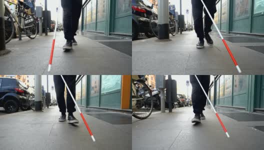 失明、定位、城市。一个盲人拄着拐杖走在街上高清在线视频素材下载