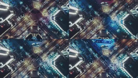 T/L PAN HA无人机在夜间城市街道十字路口的视角高清在线视频素材下载