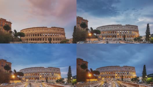 罗马,意大利。罗马圆形大剧场。弗拉维安圆形剧场附近的交通在日落，晚上和晚上时间。联合国教科文组织世界著名地标。从白天到夜晚的时间流逝。FullHD高清在线视频素材下载