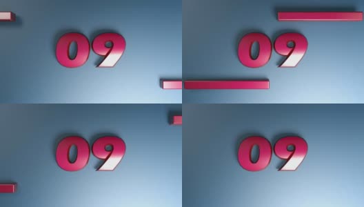 数字09在红色的蓝色背景，与水平条移动- 3D渲染视频剪辑高清在线视频素材下载