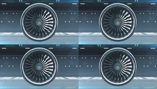 特写三维动画的数字化涡轮喷气发动机。未来飞机发动机在机库旋转工作试验的概念可视化。可循环运动设计设备背景前视图高清在线视频素材下载