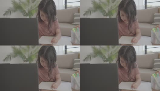混合的亚洲学龄前女孩在家里使用笔记本电脑电子学习，放大在线虚拟课堂，家庭教育，新常态概念高清在线视频素材下载