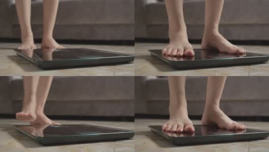 亚洲女性脚踩在数字体重秤上检查她的体重高清在线视频素材下载
