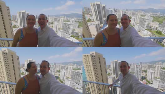 一对快乐的情侣在夏威夷檀香山用4k慢镜头自拍和问候高清在线视频素材下载