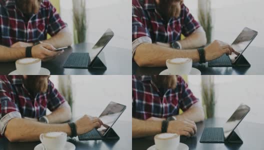 DS MS Hipster在咖啡馆使用智能手机和数字平板电脑高清在线视频素材下载