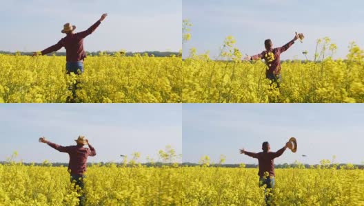 精力充沛的农民在阳光下奔跑，黄色的田园菜地，慢镜头高清在线视频素材下载