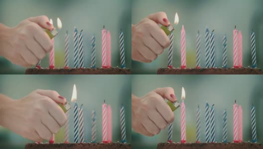 女性手在生日蛋糕上点燃蜡烛。生日快乐庆祝概念高清在线视频素材下载