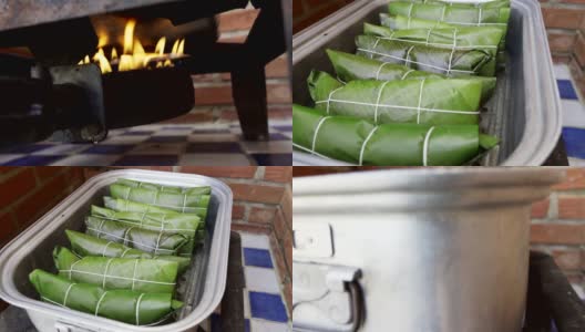 Hand held shot of cooking hallacas into steam cooking pan on top of gas stove burner. Venezuelan traditional Christmas food.高清在线视频素材下载