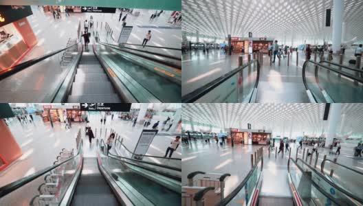 乘客在机场步行，在深圳火车站自动扶梯高清在线视频素材下载