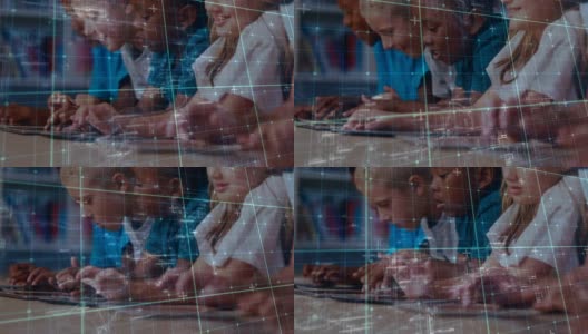 儿童使用数字平板电脑的动画超过背景中显示的统计数字高清在线视频素材下载