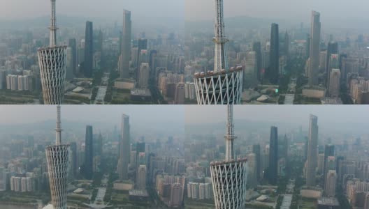 日落时分广州市著名塔顶观景市中心广场空中全景4k中国高清在线视频素材下载
