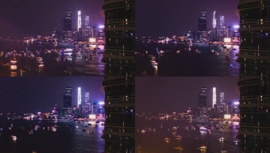 时间流逝，香港九龙天际线前的船只庆祝新年高清在线视频素材下载